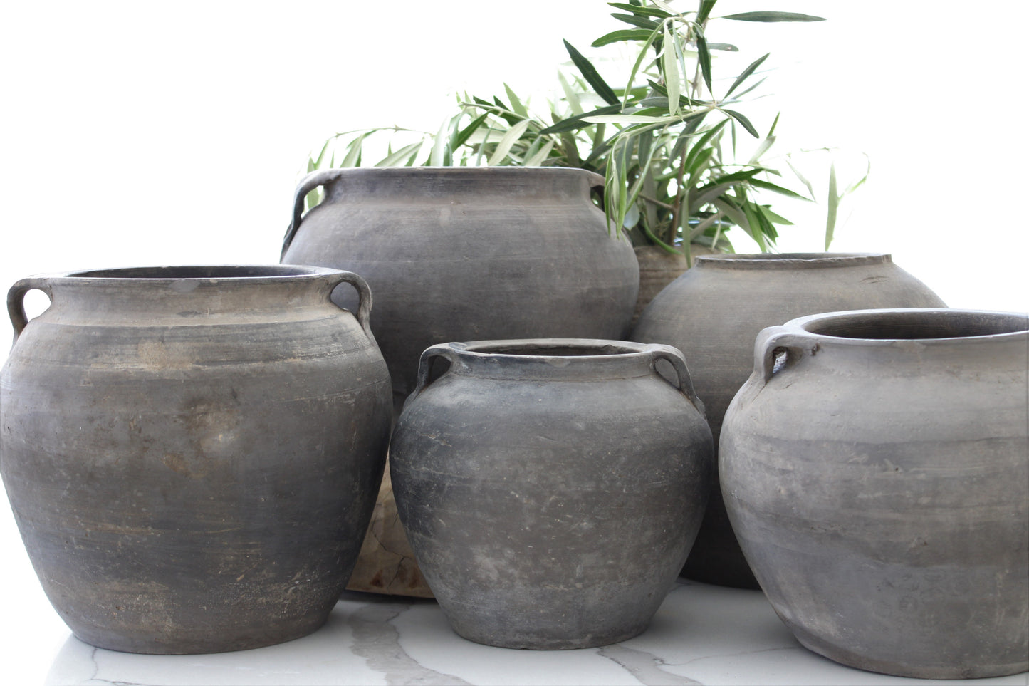 Weathered antique handcrafted clay cache pot with handles