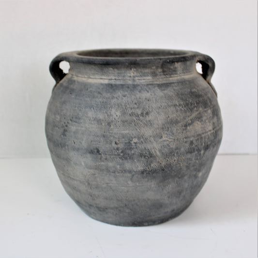 Weathered antique handcrafted clay cache pot with handles